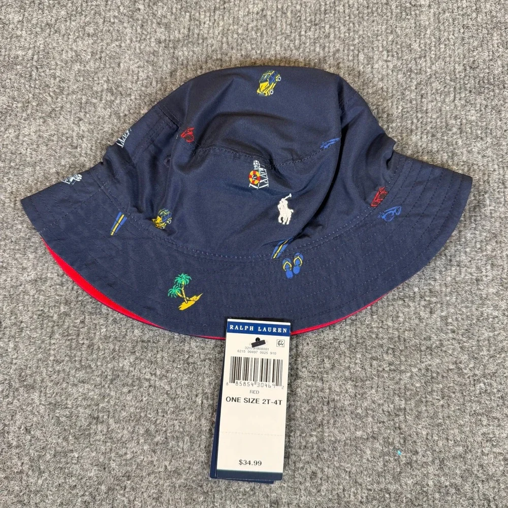 Polo Ralph Lauren Kid Reversible Bucket Hat Navy Beach Print Red 2T-4T NWT #3882
